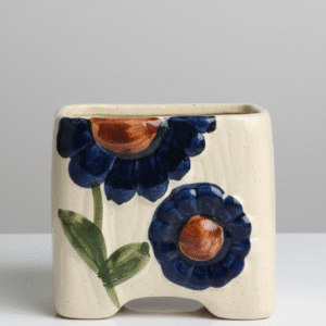 Hand-Painted Floral Ceramic Planter - Rustic Blue & Ivory Design