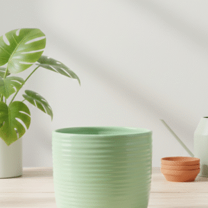 Modern Ribbed Ceramic Planter in a serene sage green color.