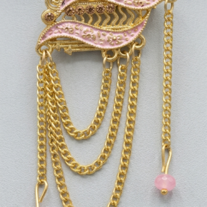 Premium Handcrafted Floral Brooch with Pink Bead Droplets and Hanging Chain Detail.