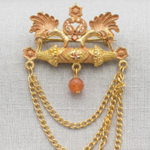 Artisan Gold-Toned Brooch with Peach Enamel & Tiered Chains